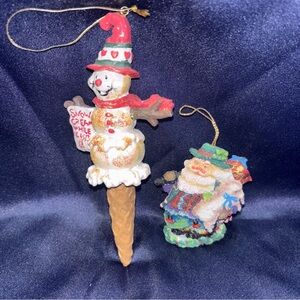 Whimsical Christmas Ornament Set, Snowman Ice Cream Cone & Santa with Sheep